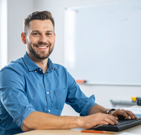 Managed-Service-Mann Zufriedene Mitarbeitende, die ein Security Awareness Training durchführen
